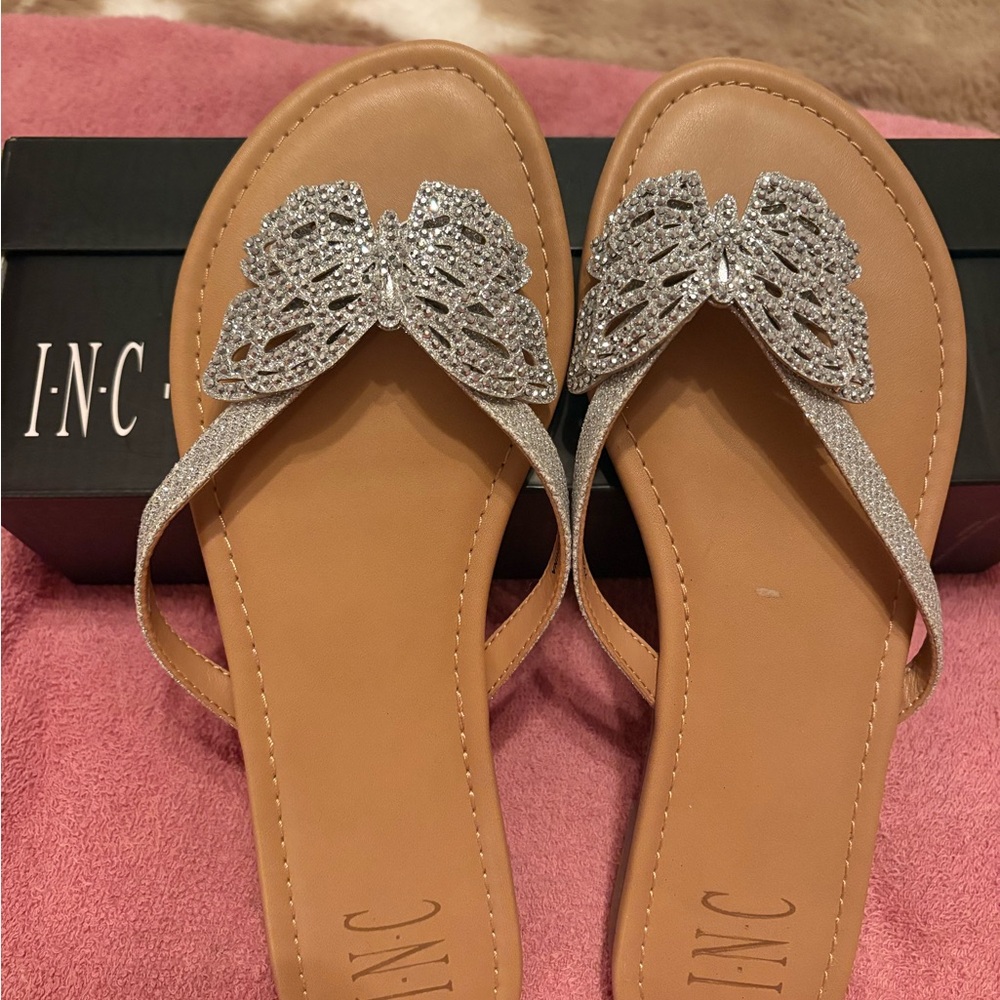 INC International Concepts Silver Sandals with Glitter Butterfly Accent. BN Box